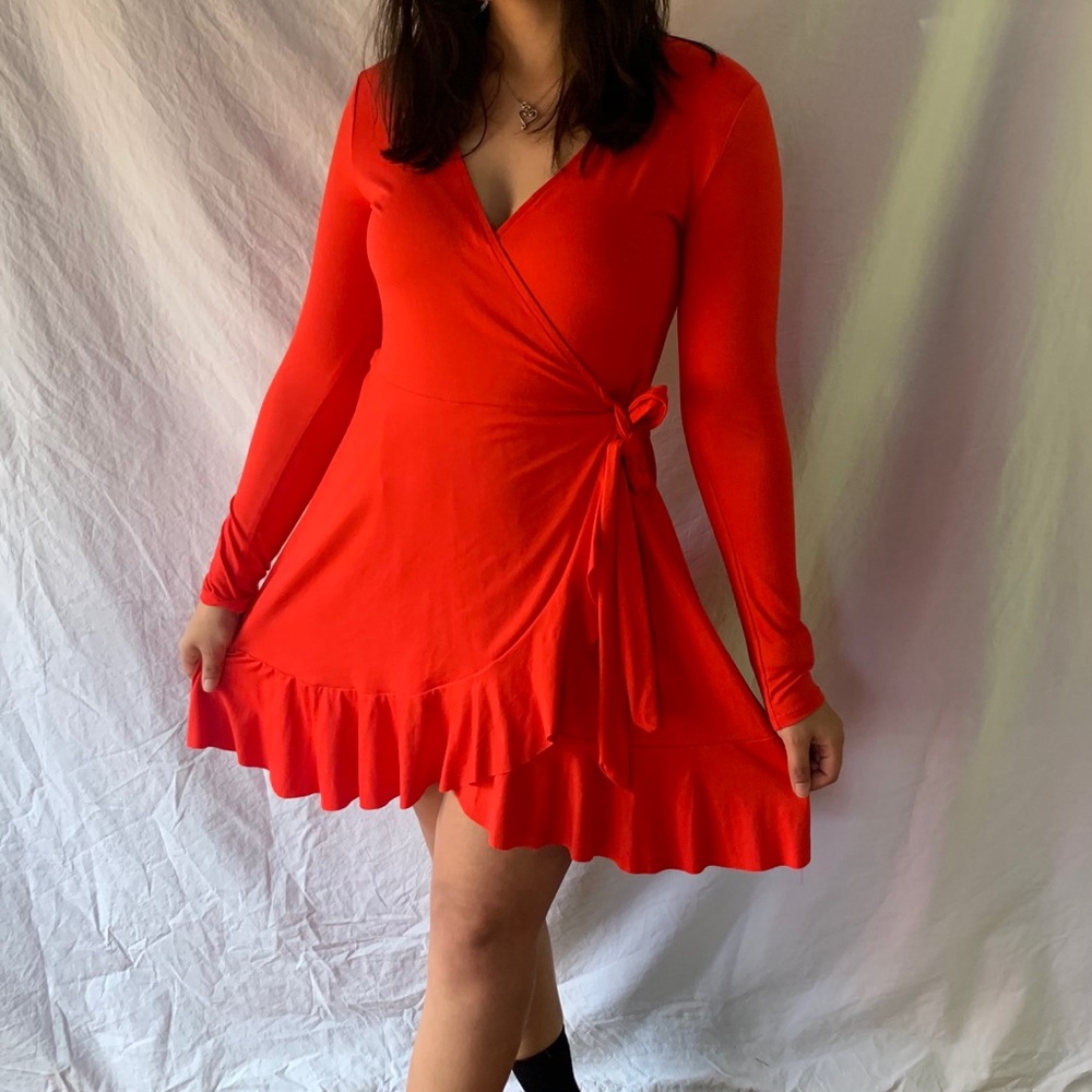 Bright Red Faux Wrap Dress
